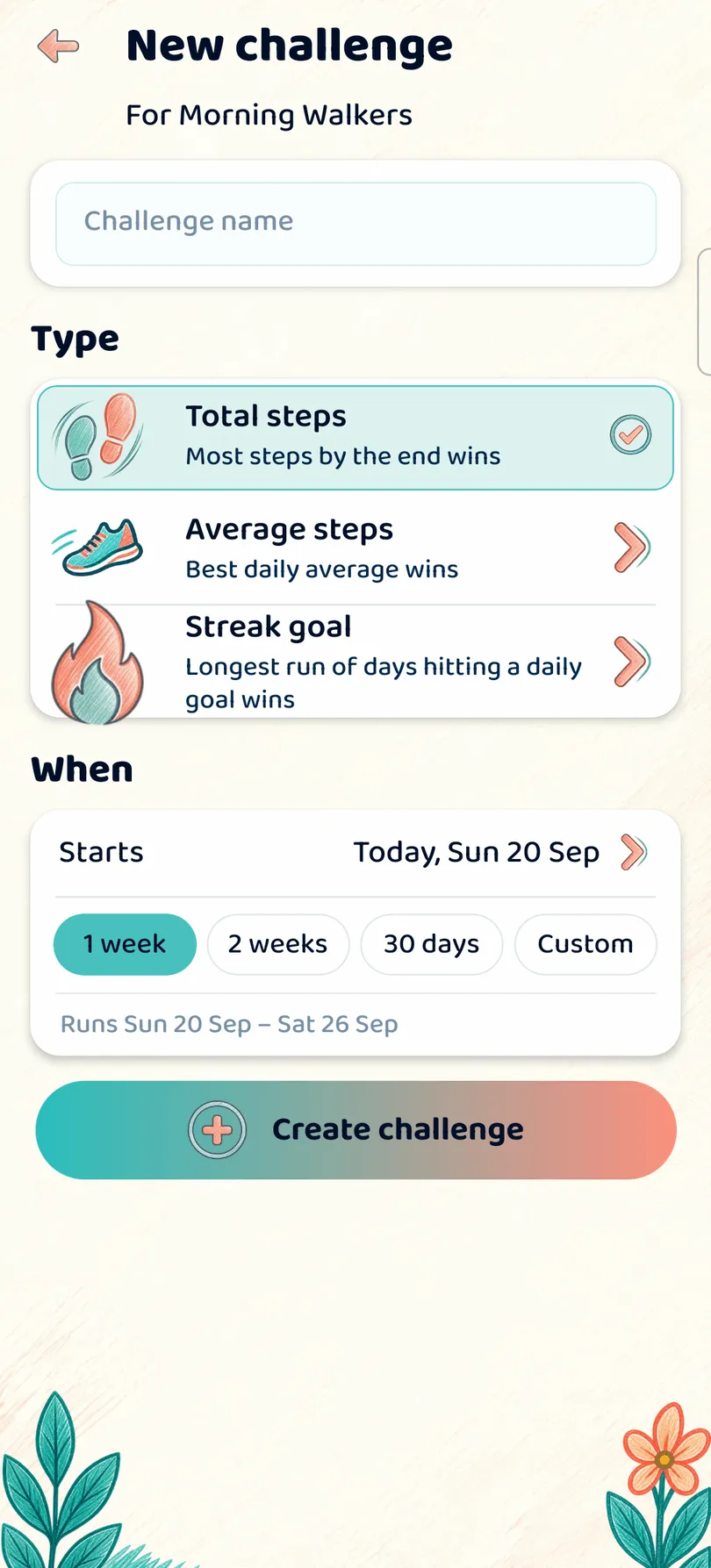 A Get Step Go challenge-setup screen listing the three challenge types — Total steps, Average steps, and Streak goal — with start date and length options below.