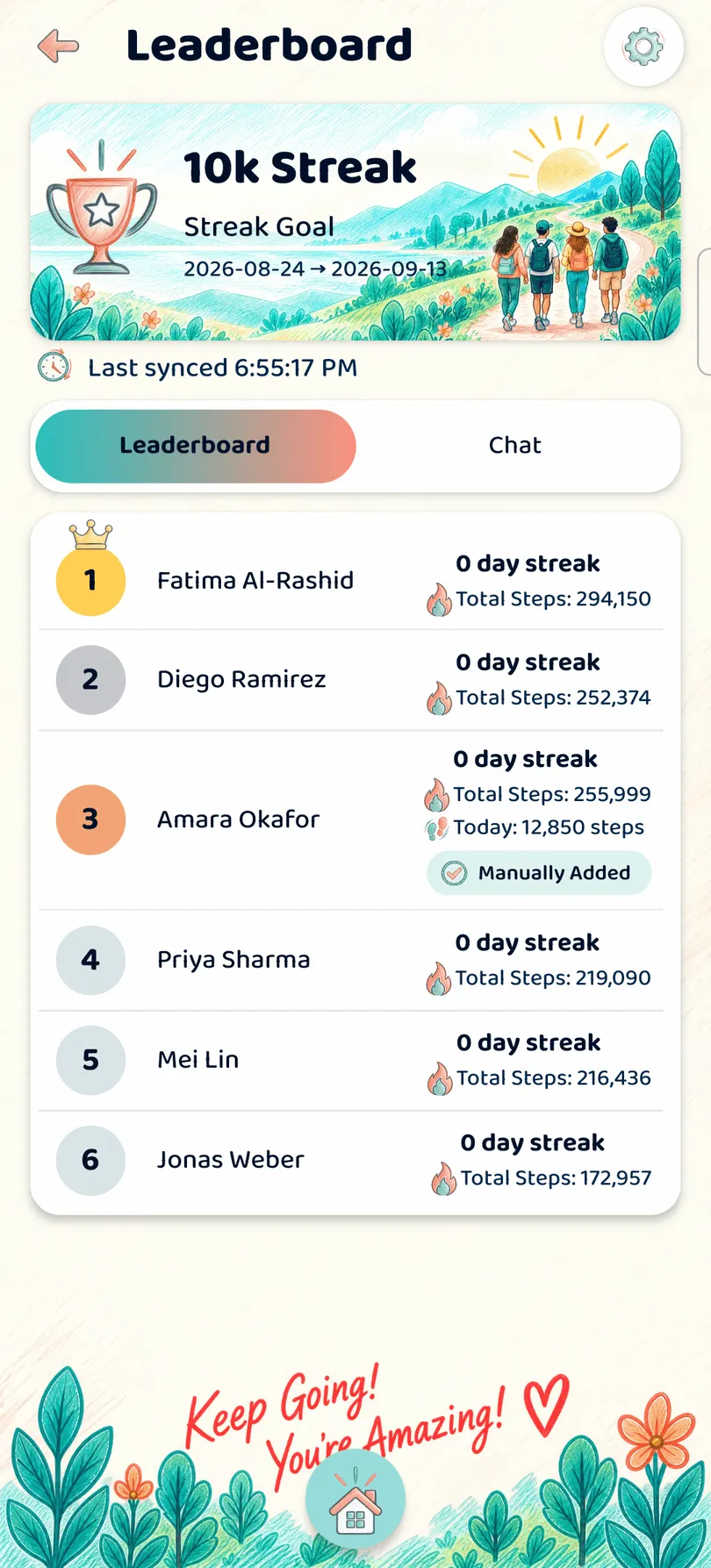 A Get Step Go challenge leaderboard ranking six group members by total steps for a 10k Streak goal.